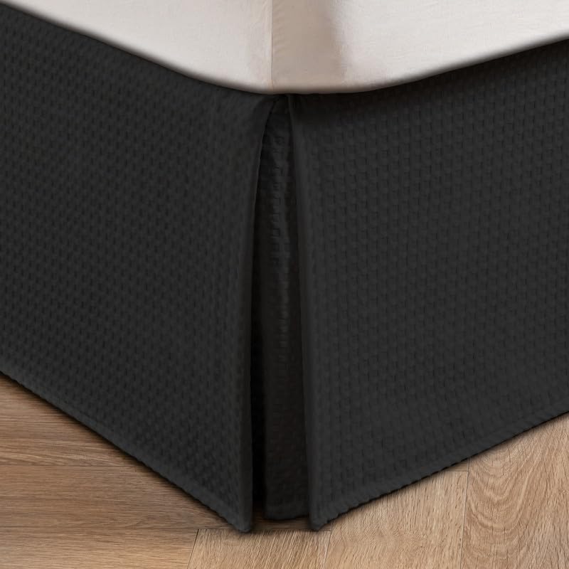 Miye Pleated Waffle Weave Bed Skirt, Tailored Dust Ruffle 14 Inch Drop Easy Fit, Machine Washable (Black, Twin - 14'' Drop)